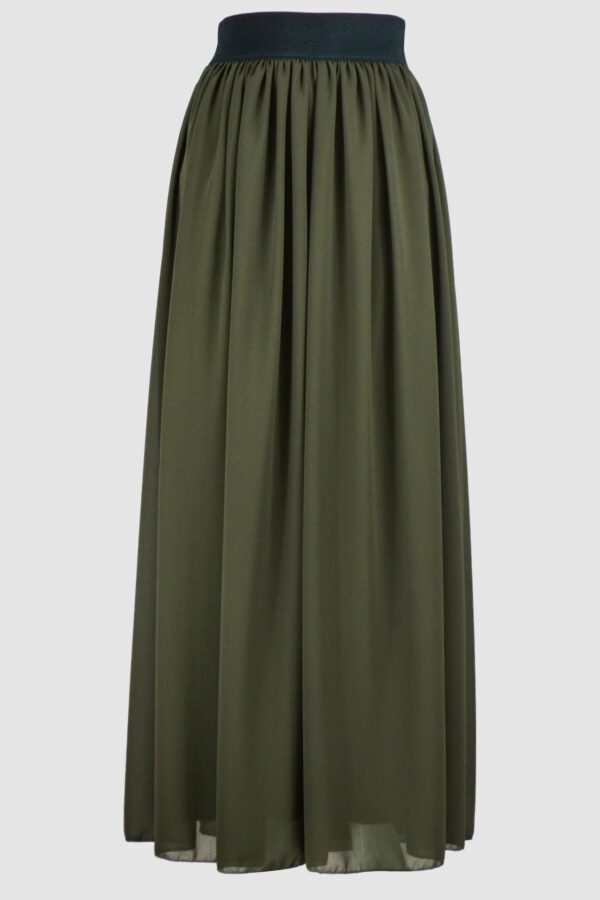 Olive Green Chiffon Flared Skirt With Inner Layer